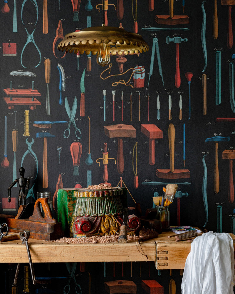 Old Tools Anthracite Wallpaper by Mind the Gap Designer Wallpaper THE WALLPAPER COMPENDIUM 2 Satin Matte Made in Europe Paste the wall 3 rolls x 20.5 x 3.25 yards - Swanky Fabrics -