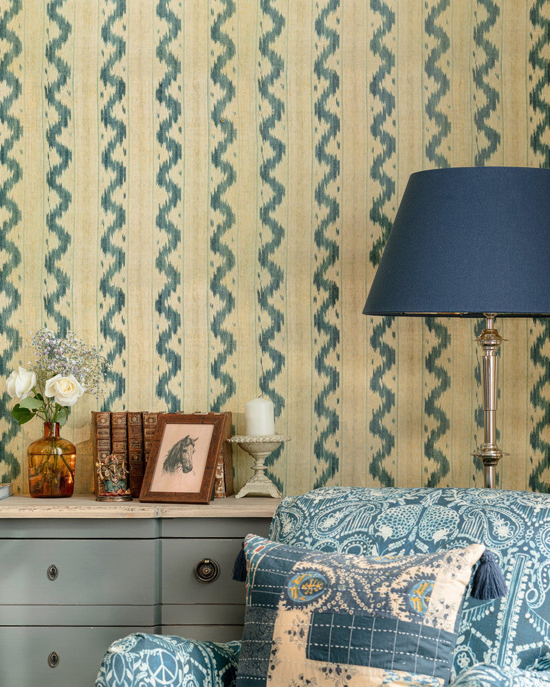 Vintage Ikat Wallpaper by Mind the Gap Designer Wallpaper WOODSTOCK '69 LIFESTYLE COLLECTION Satin Matte Made in Europe Paste the wall 1 roll x 20.5 x 10.9 yards - Swanky Fabrics -