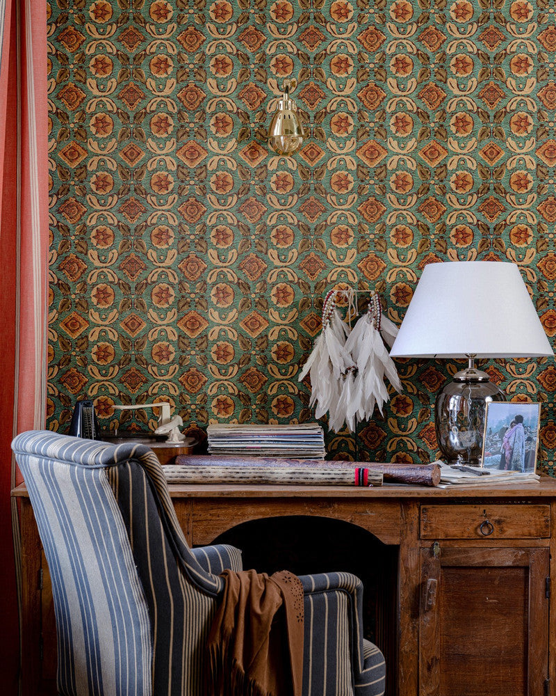 Varanasi Topaz Wallpaper by Mind the Gap Designer Wallpaper WOODSTOCK '69 LIFESTYLE COLLECTION Satin Matte Made in Europe Paste the wall 1 roll x 20.5 x 10.9 yards - Swanky Fabrics -