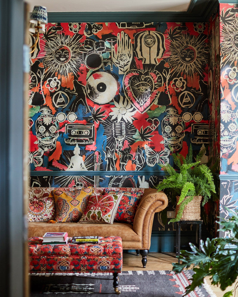 Festival Memories Dark Wallpaper by Mind the Gap Designer Wallpaper WOODSTOCK '69 LIFESTYLE COLLECTION Satin Matte Made in Europe Paste the wall 3 rolls x 20.5 x 3.25 yards - Swanky Fabrics -