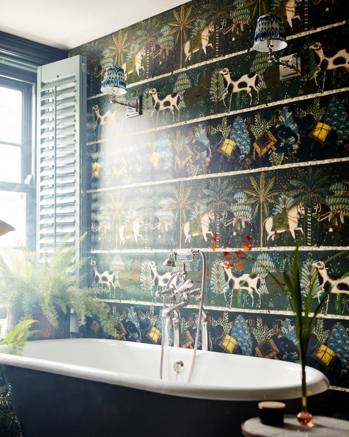 Mind The Gap Wallpaper CARNAVAL Green Wallpaper (WP20611) | WP20611 | WOODSTOCK '69 LIFESTYLE COLLECTION | 3 rolls x 20.5 x 118.1 in | 0.52m / 20.5in | 3m / 118in | 4.65mp | 100cm / 39.3in | Green, Indigo, Taupe, Yellow | Satin Matte | Paste the wall | 3-rolls in a box | Fabric Carolina | https://www.fabriccarolina.com/