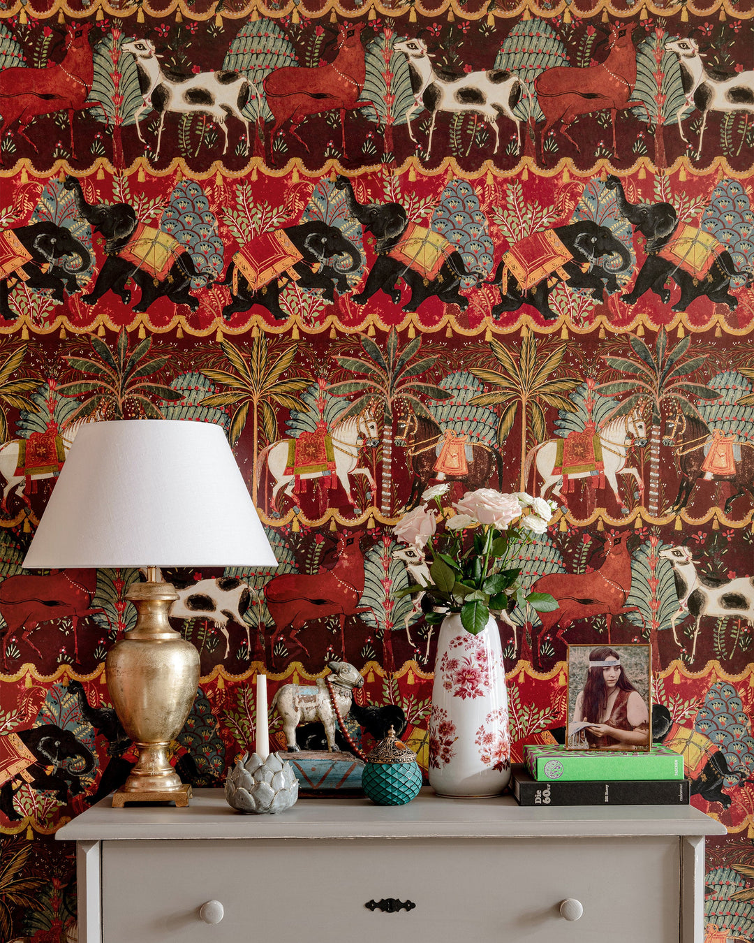 CARNAVAL Wallpaper (WP20610) by Mind The Gap | WP20610 | WOODSTOCK '69 | 3 rolls x 52x300 cm / 20.5x118.1 in | 0.52m / 20.5in | 3m / 118in | 4.65sqm / 50sq ft | 100cm / 39.3in | Green, Yellow, Red, Burgundy | Non-woven Satin | Paste the wall | 3-rolls in a box | Fabric Carolina | https://www.fabriccarolina.com/