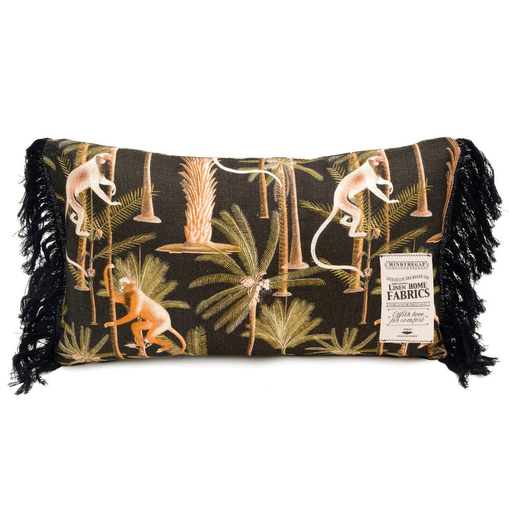 Barbados Anthracite Linen Cushion by Mind the Gap Designer Pillow TROPICAL MOOD 100% Linen Made in United Kingdom Black fringes on two sides 20 x 12 in - Swanky Fabrics -