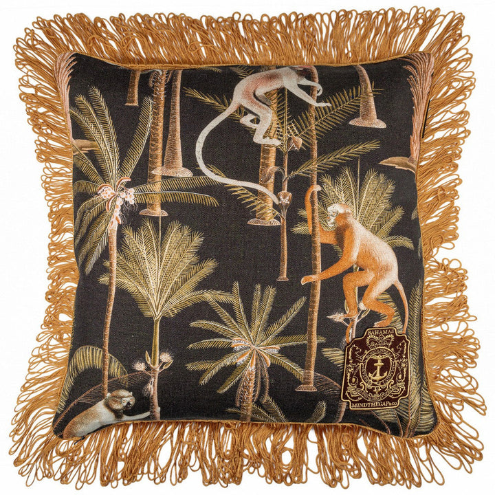 Barbados Cushion by Mind the Gap Designer Pillow THE TROPICAL COTTAGE 100% Linen Made in United Kingdom / Romania Golden fringing 20 x 20 in - Swanky Fabrics -