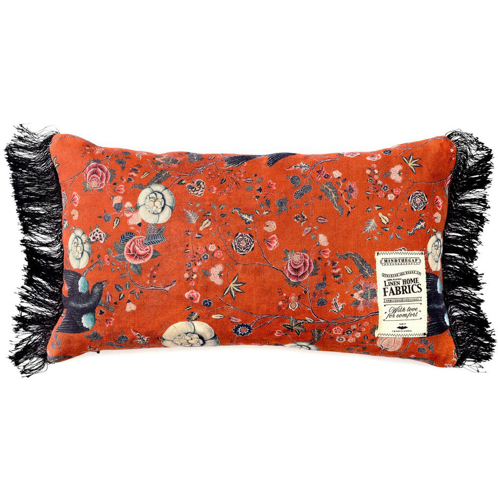 Black Bird Linen Cushion by Mind the Gap Designer Pillow NOMAD STORY 100% Linen Made in United Kingdom Black fringes on two sides 20 x 12 in - Swanky Fabrics -