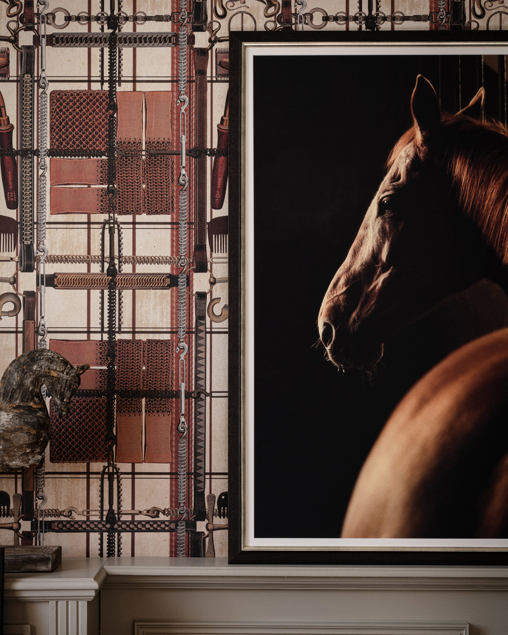 HARNESSMAKER'S ATELIER Dark Wallpaper (WP20641) by Mind The Gap | WP20641 | THE DERBY | 3 rolls x 52x300 cm / 20.5x118.1 in | 0.52m / 20.5in | 3m / 118in | 4.65sqm / 50sq ft | 150cm / 59in | Grey, Brown, Indigo | Non-woven Satin | Paste the wall | 3-rolls in a box | Fabric Carolina | https://www.fabriccarolina.com/