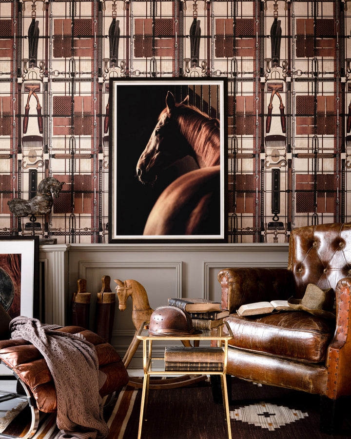 HARNESSMAKER'S ATELIER Dark Wallpaper (WP20641) by Mind The Gap | WP20641 | THE DERBY | 3 rolls x 52x300 cm / 20.5x118.1 in | 0.52m / 20.5in | 3m / 118in | 4.65sqm / 50sq ft | 150cm / 59in | Grey, Brown, Indigo | Non-woven Satin | Paste the wall | 3-rolls in a box | Fabric Carolina | https://www.fabriccarolina.com/