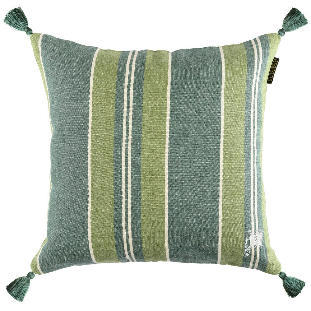 Mind The Gap Pillows SZEPVIZ Stripe Heavy Linen Cushion (LC40094) | LC40094 | TRANSYLVANIAN ROOTS | 20 x 20 in | Green, White | Fabric Carolina | https://www.fabriccarolina.com/