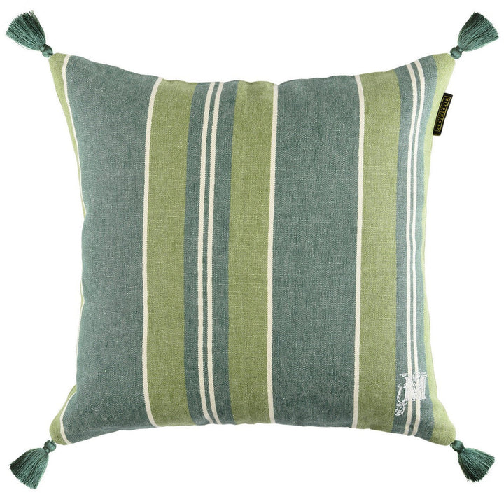 Mind The Gap Pillows SZEPVIZ Stripe Heavy Linen Cushion (LC40094) | LC40094 | TRANSYLVANIAN ROOTS | 20 x 20 in | Green, White | Fabric Carolina | https://www.fabriccarolina.com/