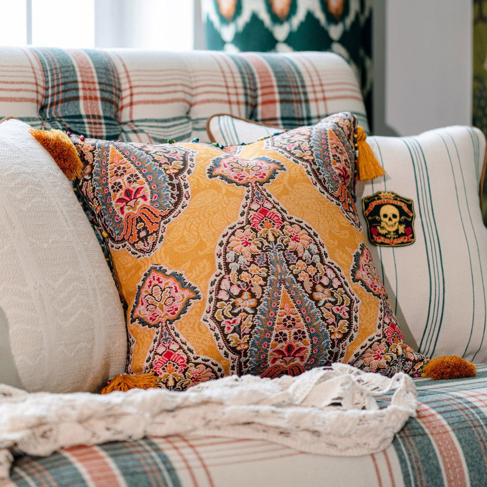 Mind The Gap Pillows GIPSY SOUL Cushion (LC40146) | LC40146 | WOODSTOCK '69 LIFESTYLE COLLECTION | 20 x 20 in | Blue, Ochre, Pink | Fabric Carolina | https://www.fabriccarolina.com/