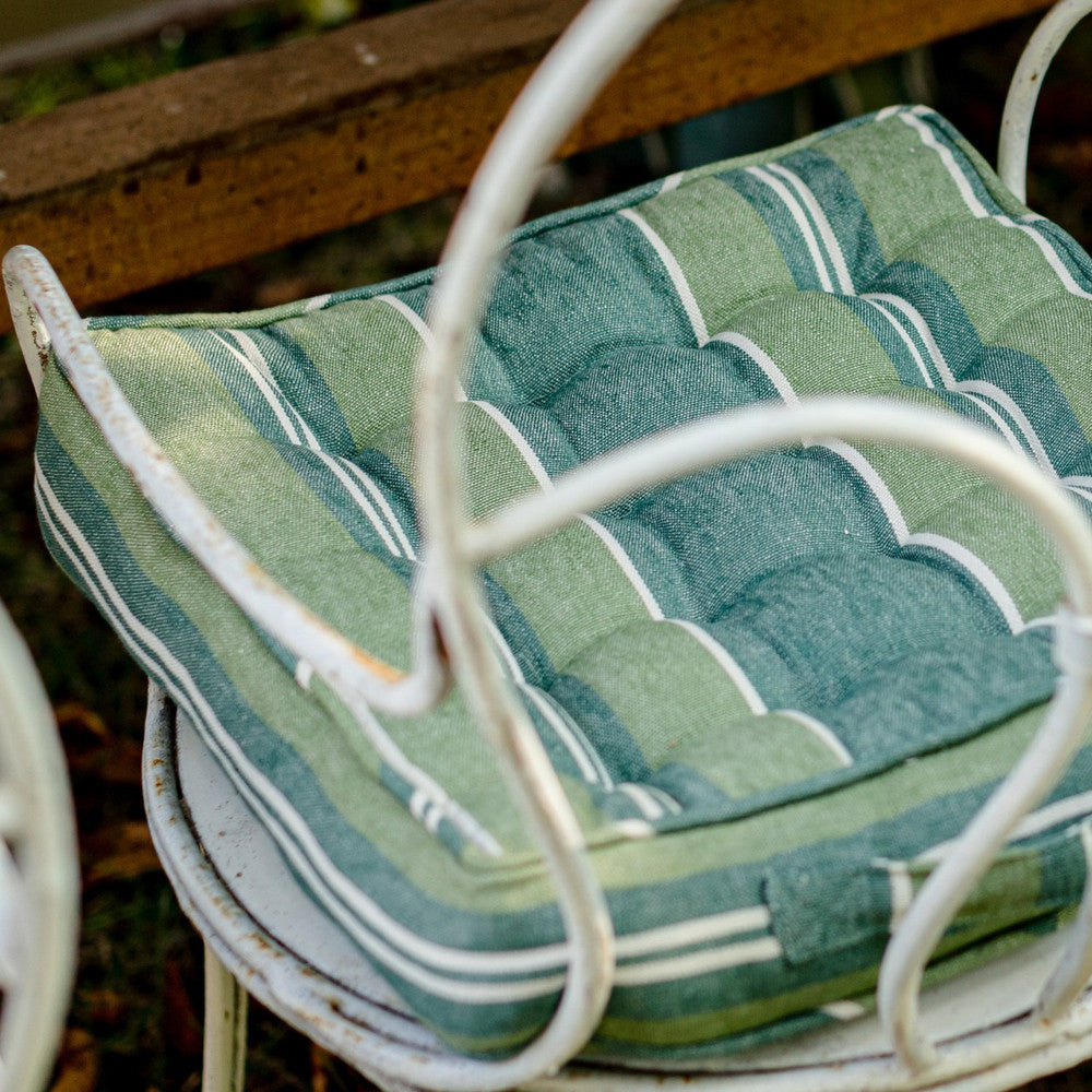 Mind The Gap Pillows SZEPVIZ STRIPE Linen Chair Cushion (AC00021) | AC00021 | TRANSYLVANIAN ROOTS | 15,75 x 15,7 x 3,5 in | Green, White | Fabric Carolina | https://www.fabriccarolina.com/