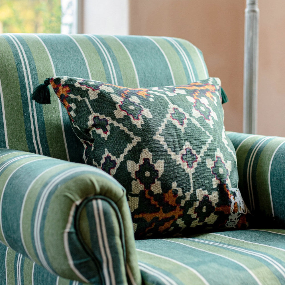 Mind The Gap Pillows ZOLD Linen Cushion (LC40092) | LC40092 | TRANSYLVANIAN ROOTS | 20 x 20 in | Green, Orange, White | Fabric Carolina | https://www.fabriccarolina.com/