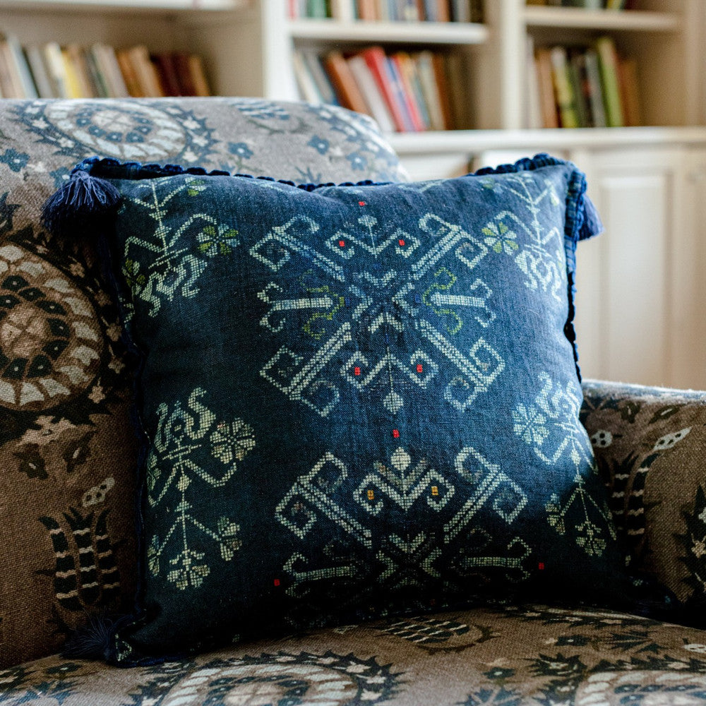 Mind The Gap Pillows ROOTS Linen Cushion (LC40089) | LC40089 | TRANSYLVANIAN ROOTS | 20 x 20 in | Blue, Taupe | Fabric Carolina | https://www.fabriccarolina.com/