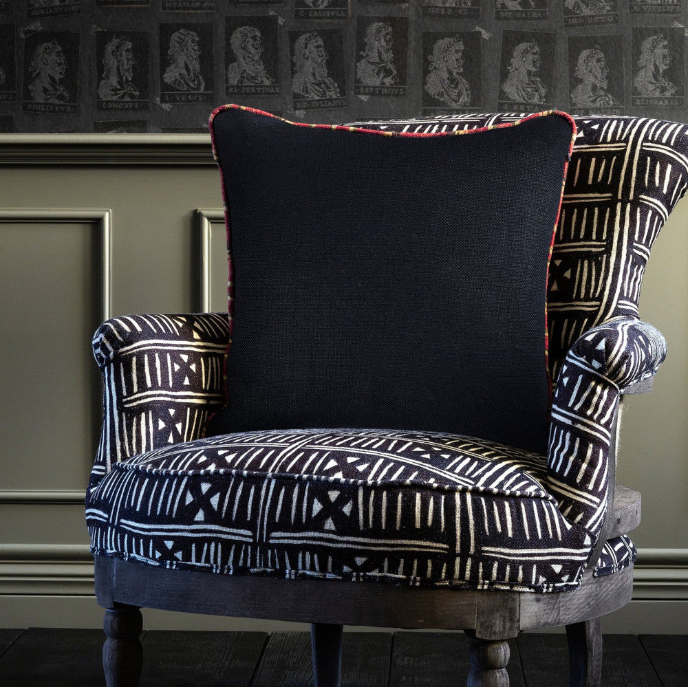 Anthracite Linen Cushion by Mind the Gap Designer Pillow NOMAD STORY 100% Linen Made in United Kingdom Lakai border trimming 20 x 20 in - Swanky Fabrics -