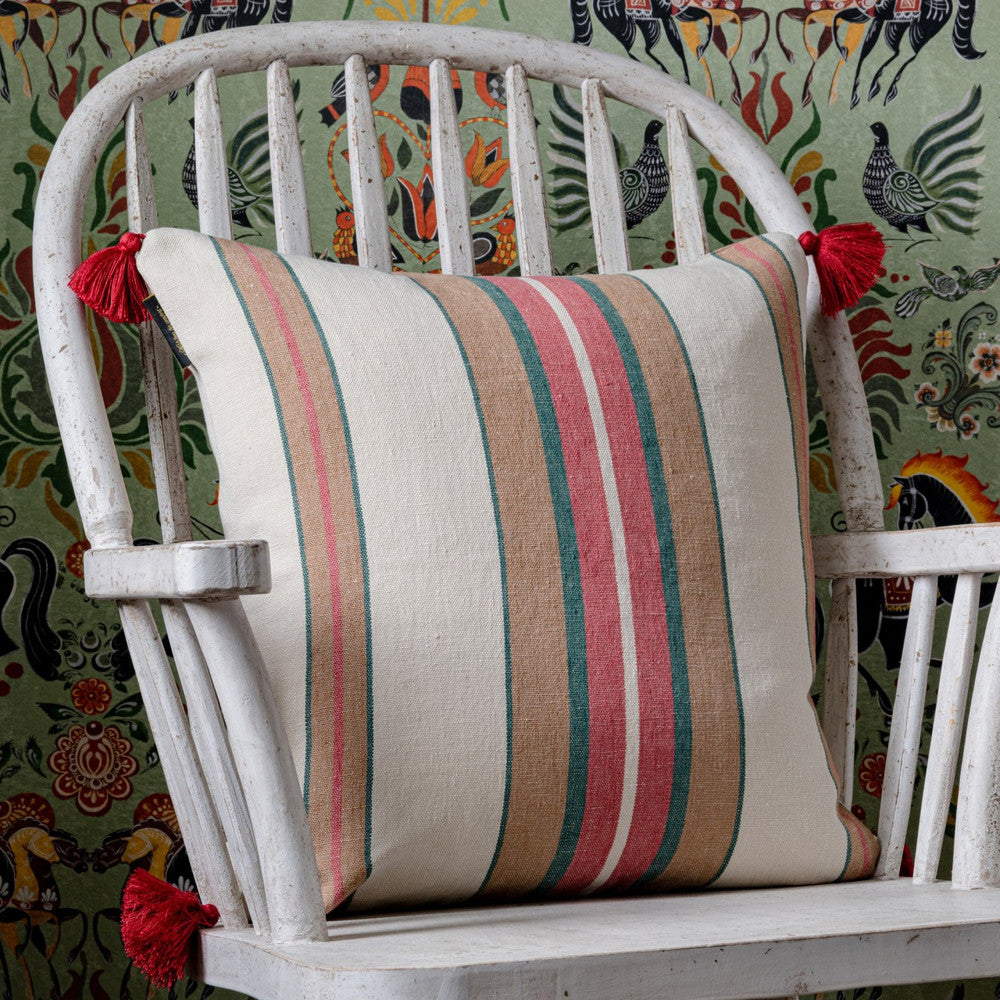 Herina Stripe Heavy Linen Cushion by Mind the Gap Designer Pillow TRANSYLVANIAN ROOTS 100% Linen Made in Romania Red tassels 20 x 20 in - Swanky Fabrics -