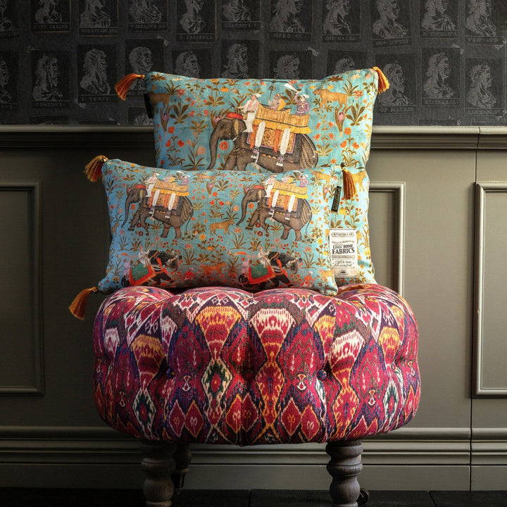 Mind The Gap Pillows HINDUSTAN Aquamarine Linen Cushion (LC40023) | LC40023 | NOMAD STORY | 20 x 12 in | Blue, Brown, Green, Orange | Fabric Carolina | https://www.fabriccarolina.com/