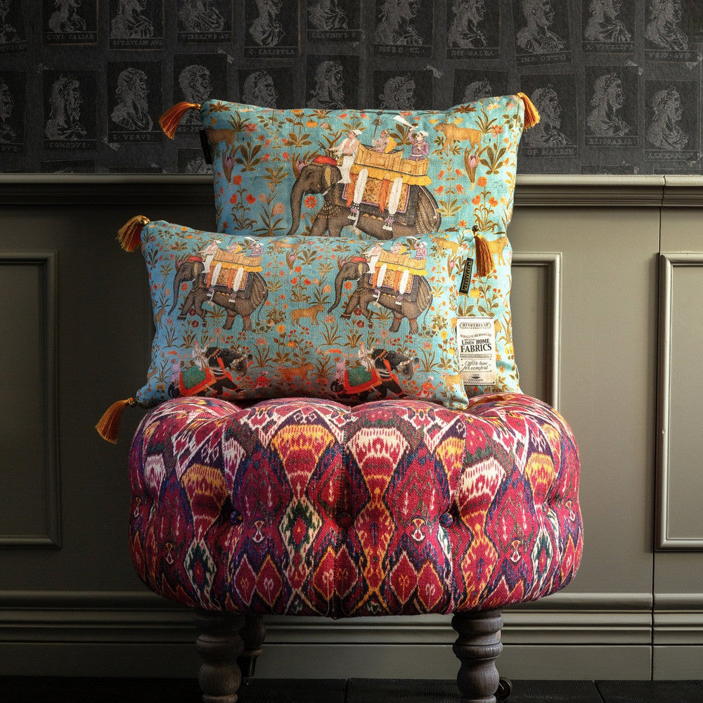 Hindustan Aquamarine Linen Cushion by Mind the Gap Designer Pillow NOMAD STORY 100% Linen Made in United Kingdom Copper tassels on corners 20 x 12 in - Swanky Fabrics -