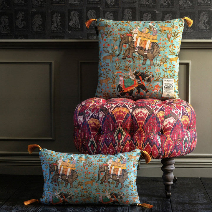 Mind The Gap Pillows HINDUSTAN Aquamarine Linen Cushion (LC40022) | LC40022 | NOMAD STORY | 20 x 20 in | Blue, Brown, Green, Orange | Fabric Carolina | https://www.fabriccarolina.com/
