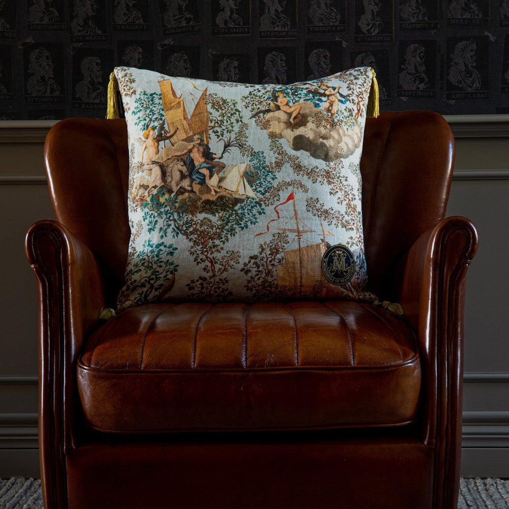 Journey To Eden Linen Cushion by Mind the Gap Designer Pillow THE TRANSYLVANIAN MANOR 100% Linen Made in United Kingdom Golden tassels 20 x 20 in - Swanky Fabrics -