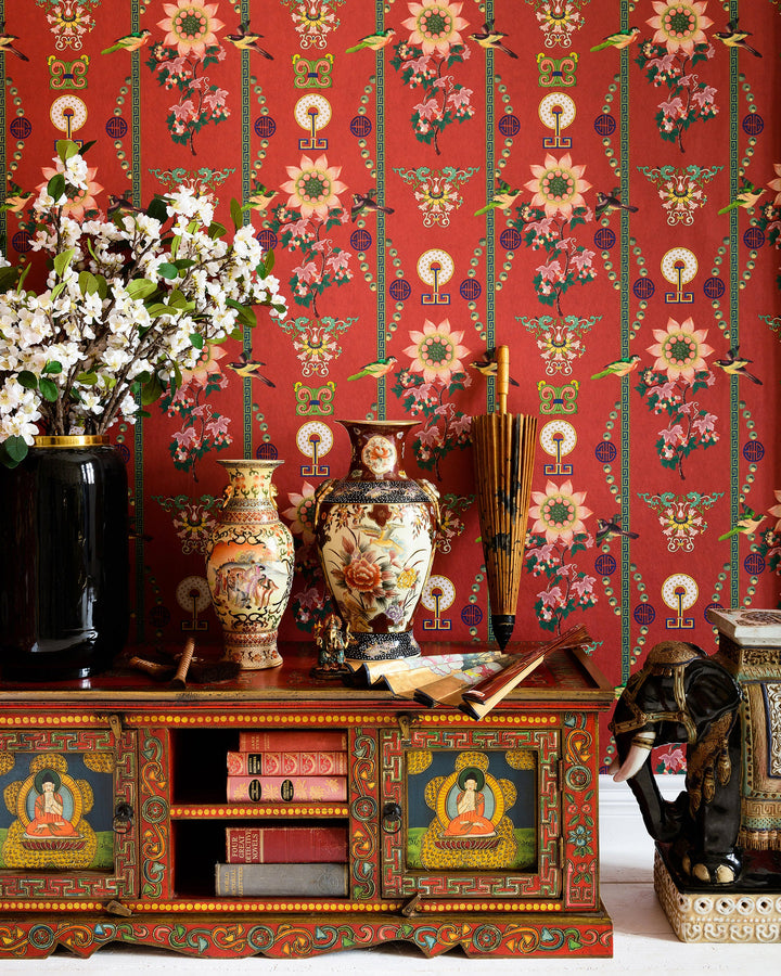 LIN YUAN Chinese Red Wallpaper (WP20587) by Mind The Gap | WP20587 | CHINESE GARDEN | 3 rolls x 52x300 cm / 20.5x118.1 in | 0.52m / 20.5in | 3m / 118in | 4.65sqm / 50sq ft | 70cm / 27.6in | Green, Yellow, Pink, Red | Non-woven Satin | Paste the wall | 3-rolls in a box | Fabric Carolina | https://www.fabriccarolina.com/