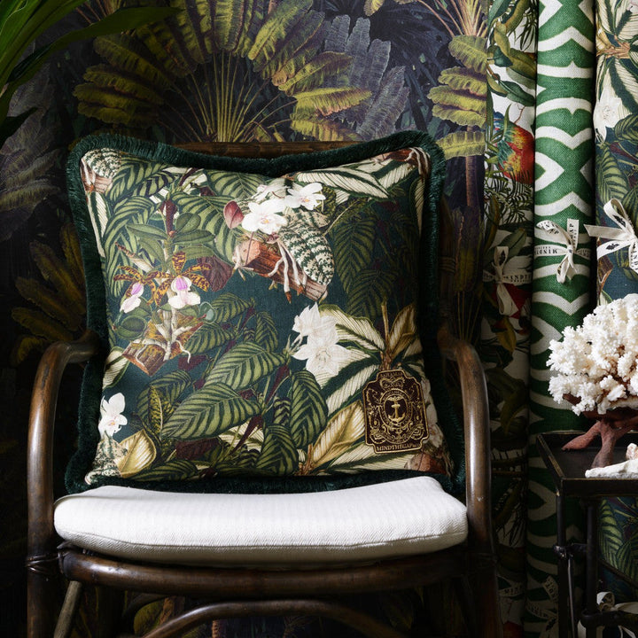 Orchid Bloom Cushion by Mind the Gap Designer Pillow THE TROPICAL COTTAGE 100% Linen Made in United Kingdom / Romania Green fringes 20 x 20 in - Swanky Fabrics -