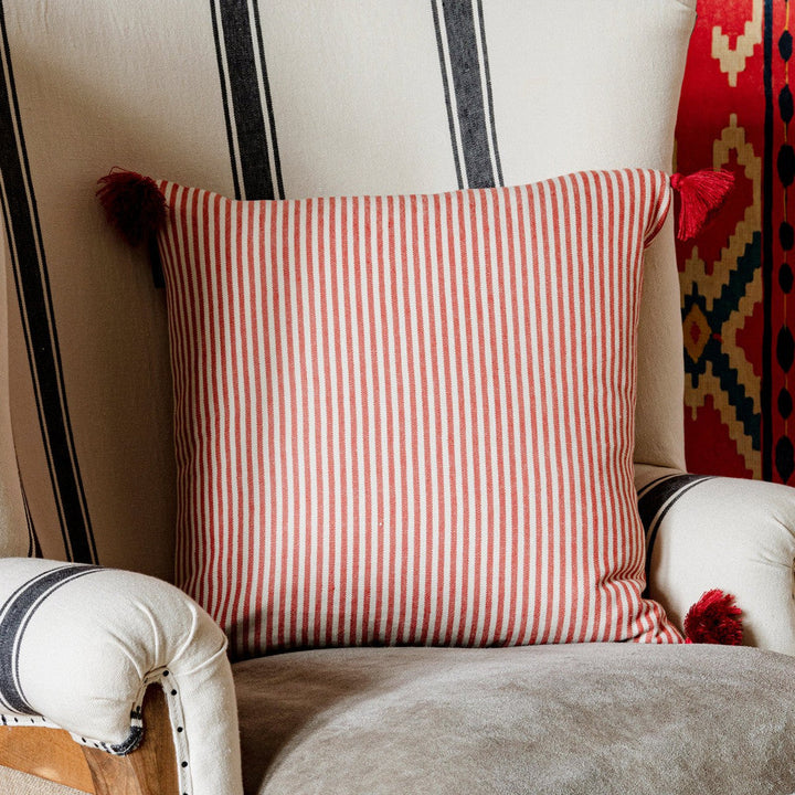 Mind The Gap Pillows RHUBARB Stripe Heavy Linen Cushion (LC40097) | LC40097 | TRANSYLVANIAN ROOTS | 20 x 20 in | Red, White | Fabric Carolina | https://www.fabriccarolina.com/