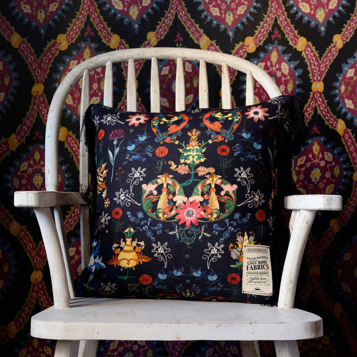 Mind The Gap Pillows TRANSYLVANIA FOLK Linen Cushion (LC40001) | LC40001 | NOMAD STORY | 20 x 20 in | Blue, Red, Yellow | Fabric Carolina | https://www.fabriccarolina.com/
