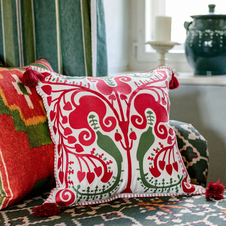 Mind The Gap Pillows TRANSYLVANIAN SUZANI Linen Embroidered Cushion (LC40083) | LC40083 | TRANSYLVANIAN ROOTS | 20 x 20 in | Green, Red, White | Fabric Carolina | https://www.fabriccarolina.com/