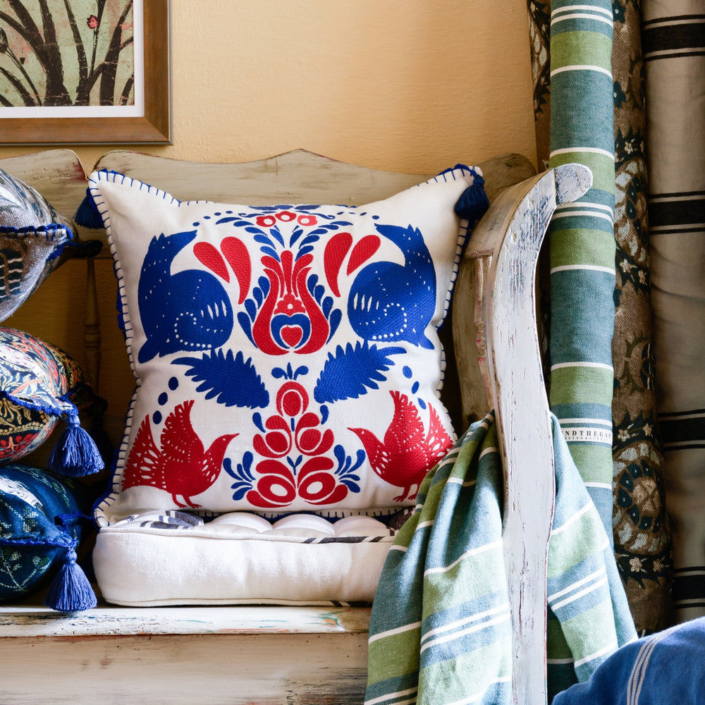 Folk Embroidery Linen Embroidered Cushion by Mind the Gap Designer Pillow TRANSYLVANIAN ROOTS 100% Linen Made in Turkey Blue tassels 20 x 20 in - Swanky Fabrics -