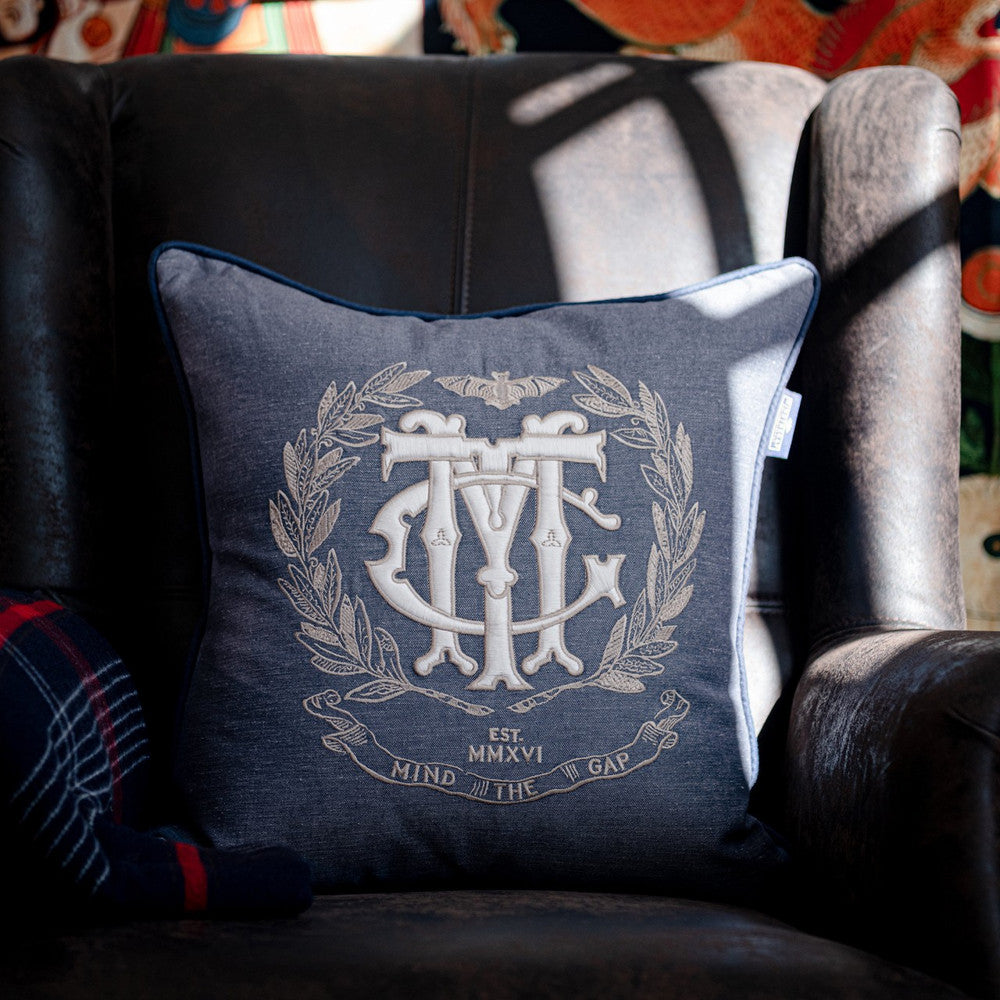 Mind The Gap Pillows MTG BULLION Cushion (LC40168) | LC40168 | WOODSTOCK '69 LIFESTYLE COLLECTION | 20 x 20 in | Blue, White | Fabric Carolina | https://www.fabriccarolina.com/