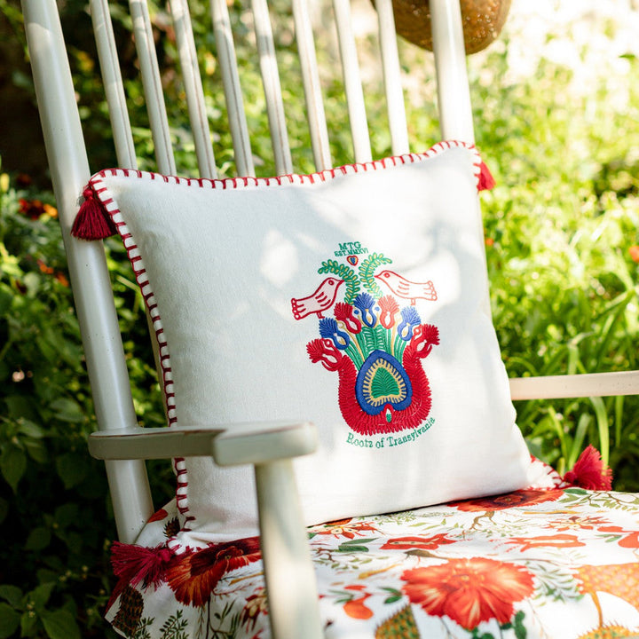 Mind The Gap Pillows ROOTS OF TRANSYLVANIA Linen Embroidered Cushion (LC40082) | LC40082 | TRANSYLVANIAN ROOTS | 20 x 20 in | Blue, Green, Red, White | Fabric Carolina | https://www.fabriccarolina.com/