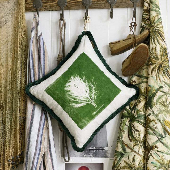 Algae Ii Cushion by Mind the Gap Designer Pillow THE TROPICAL COTTAGE 100% Linen Made in United Kingdom / Romania Green fringes 20 x 20 in - Swanky Fabrics -
