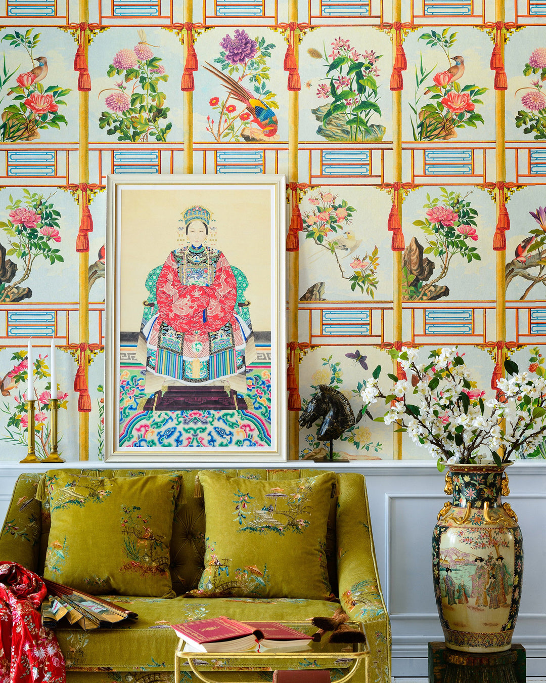 FLOWERING WALL Wallpaper (WP20585) by Mind The Gap | WP20585 | CHINESE GARDEN | 3 rolls x 52x300 cm / 20.5x118.1 in | 0.52m / 20.5in | 3m / 118in | 4.65sqm / 50sq ft | 300cm / 118in | Taupe, Blue, Green, Red | Non-woven Satin | Paste the wall | 3-rolls in a box | Fabric Carolina | https://www.fabriccarolina.com/