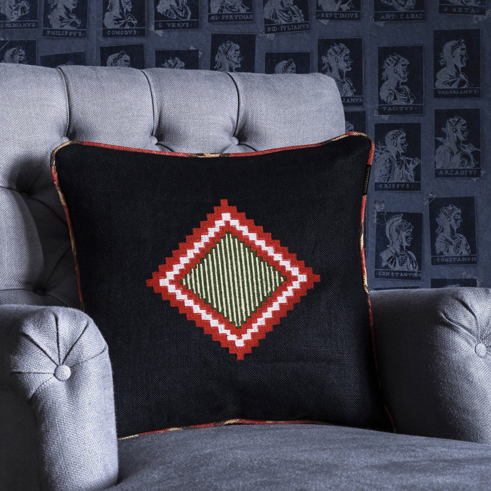 Mind The Gap Pillows MOKI Linen Embroidered Cushion (LC40032) | LC40032 | THE HOME OF AN ECCENTRIC MAN | 20 x 20 in | Black, Red, White, Yellow | Fabric Carolina | https://www.fabriccarolina.com/
