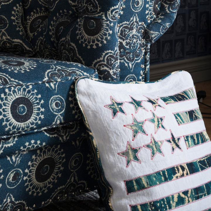 Stars And Stripes Linen Cushion by Mind the Gap Designer Pillow THE HOME OF AN ECCENTRIC MAN 100% Linen Made in United Kingdom Assorted piping 20 x 20 in - Swanky Fabrics -