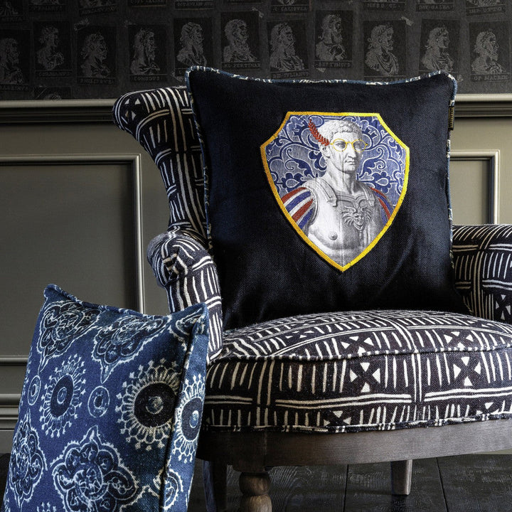 Mind The Gap Pillows TIBERIUS Linen Embroidered Cushion (LC40033) | LC40033 | THE HOME OF AN ECCENTRIC MAN | 20 x 20 in | Black, Blue, White | Fabric Carolina | https://www.fabriccarolina.com/