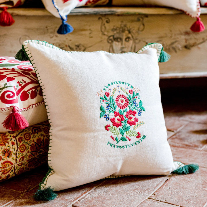 Mind The Gap Pillows TRANSSILVANIAE FLORILEGIUM Linen Embroidered Cushion (LC40084) | LC40084 | TRANSYLVANIAN ROOTS | 20 x 20 in | Green, Red, White | Fabric Carolina | https://www.fabriccarolina.com/