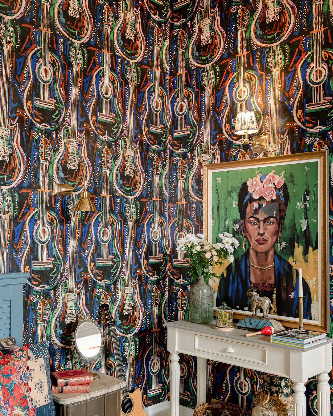HARMONY Wallpaper (WP20615) by Mind The Gap | WP20615 | WOODSTOCK '69 | 3 rolls x 52x300 cm / 20.5x118.1 in | 0.52m / 20.5in | 3m / 118in | 4.65sqm / 50sq ft | 100cm / 39.3in | Taupe, Black, Blue, Green, Yellow, Red | Non-woven Satin | Paste the wall | 3-rolls in a box | Fabric Carolina | https://www.fabriccarolina.com/