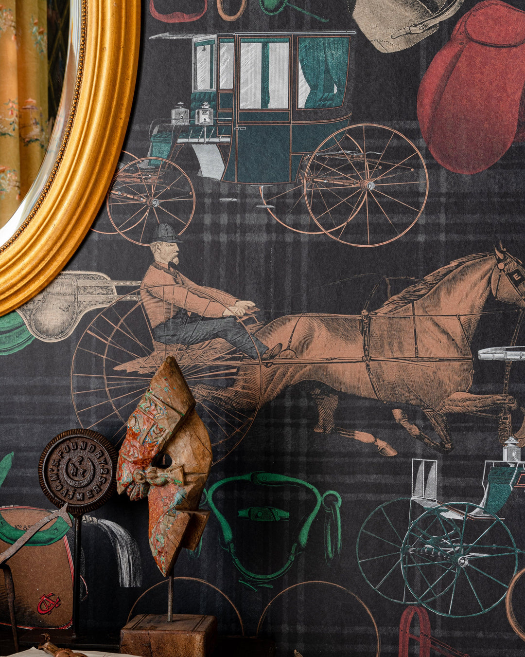 THE JOCKEY Multicoloured Wallpaper (WP20642) by Mind The Gap | WP20642 | THE DERBY | 3 rolls x 52x300 cm / 20.5x118.1 in | 0.52m / 20.5in | 3m / 118in | 4.65sqm / 50sq ft | 150cm / 59in | White, Green, Anthracite, Red, Brown | Non-woven Satin | Paste the wall | 3-rolls in a box | Fabric Carolina | https://www.fabriccarolina.com/