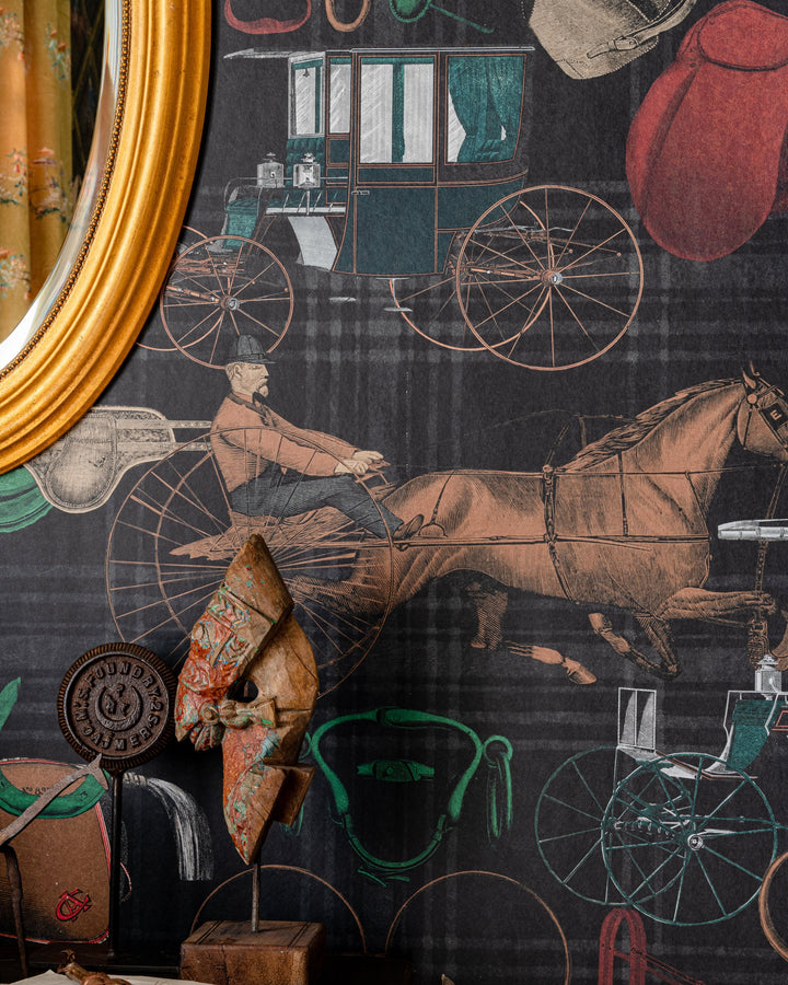 THE JOCKEY Multicoloured Wallpaper (WP20642) by Mind The Gap | WP20642 | THE DERBY | 3 rolls x 52x300 cm / 20.5x118.1 in | 0.52m / 20.5in | 3m / 118in | 4.65sqm / 50sq ft | 150cm / 59in | White, Green, Anthracite, Red, Brown | Non-woven Satin | Paste the wall | 3-rolls in a box | Fabric Carolina | https://www.fabriccarolina.com/