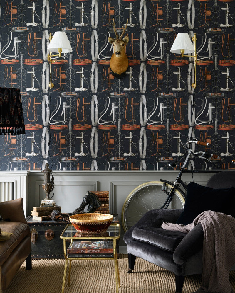 Equestrian Equipment Dark Wallpaper by Mind the Gap Designer Wallpaper THE WALLPAPER COMPENDIUM 2 Satin Matte Made in Europe Paste the wall 3 rolls x 20.5 x 3.25 yards - Swanky Fabrics -