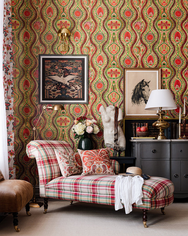 HIPPIE PAISLEY Wallpaper (WP20616) by Mind The Gap | WP20616 | WOODSTOCK '69 | 3 rolls x 52x300 cm / 20.5x118.1 in | 0.52m / 20.5in | 3m / 118in | 4.65sqm / 50sq ft | 150cm / 59in | Blue, Green, Yellow, Pink, Beige, Red | Non-woven Satin | Paste the wall | 3-rolls in a box | Fabric Carolina | https://www.fabriccarolina.com/