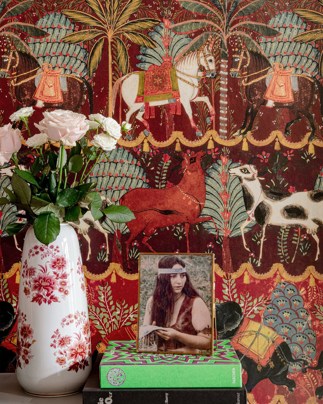 CARNAVAL Wallpaper (WP20610) by Mind The Gap | WP20610 | WOODSTOCK '69 | 3 rolls x 52x300 cm / 20.5x118.1 in | 0.52m / 20.5in | 3m / 118in | 4.65sqm / 50sq ft | 100cm / 39.3in | Green, Yellow, Red, Burgundy | Non-woven Satin | Paste the wall | 3-rolls in a box | Fabric Carolina | https://www.fabriccarolina.com/