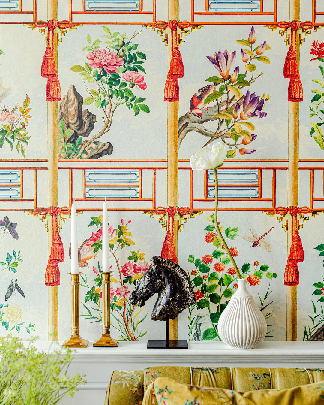 FLOWERING WALL Wallpaper (WP20585) by Mind The Gap | WP20585 | CHINESE GARDEN | 3 rolls x 52x300 cm / 20.5x118.1 in | 0.52m / 20.5in | 3m / 118in | 4.65sqm / 50sq ft | 300cm / 118in | Taupe, Blue, Green, Red | Non-woven Satin | Paste the wall | 3-rolls in a box | Fabric Carolina | https://www.fabriccarolina.com/