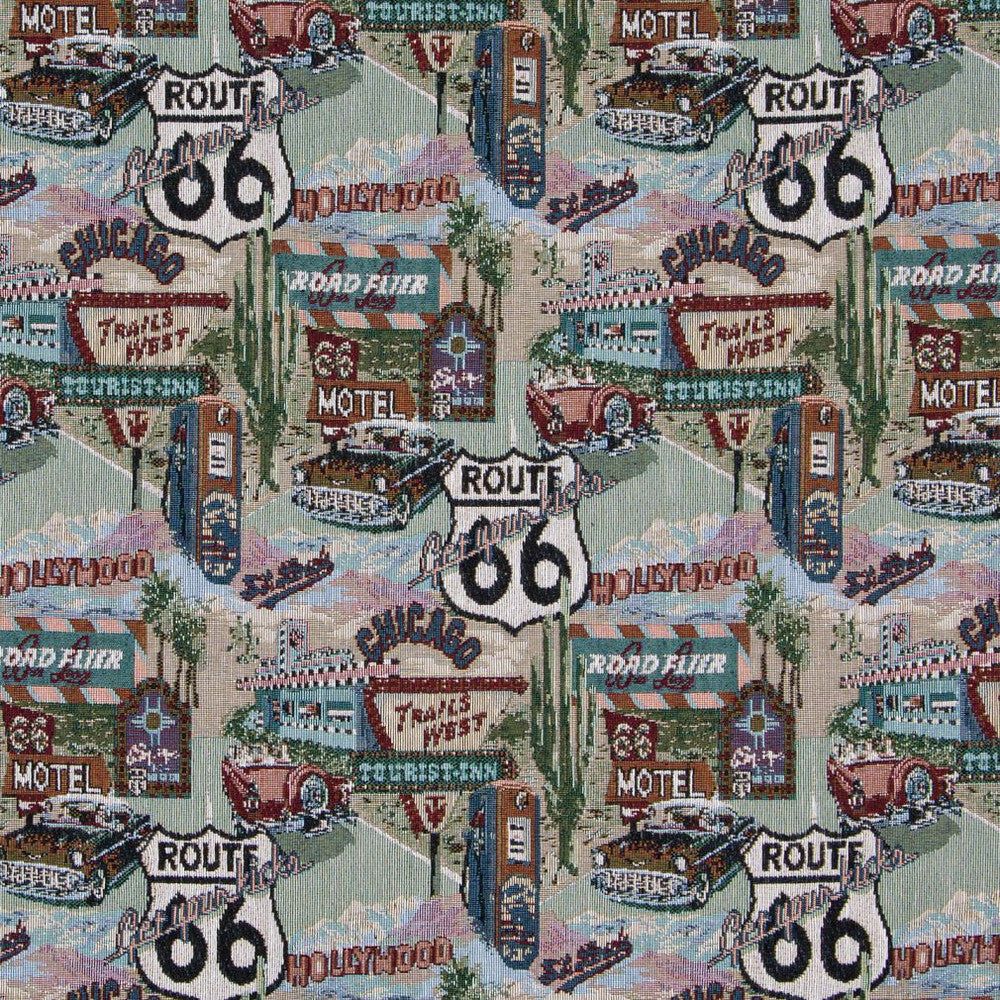 1011 Route 66 by Charlotte Designer Fabric Themes of Tapestry II 52% Cotton, 48% Polyester Asia Exceeds 100,000 Wyzenbeek Rubs (Heavy Duty) Horizontal: 12" x Vertical: 15" 54 Inches - Swanky Fabrics -