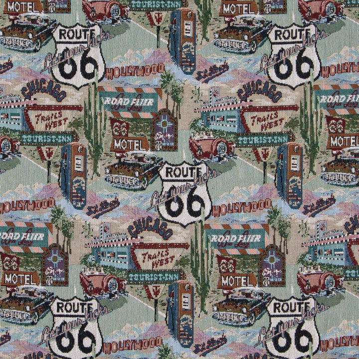 1011 Route 66 by Charlotte Designer Fabric Themes of Tapestry II 52% Cotton, 48% Polyester Asia Exceeds 100,000 Wyzenbeek Rubs (Heavy Duty) Horizontal: 12" x Vertical: 15" 54 Inches - Swanky Fabrics -