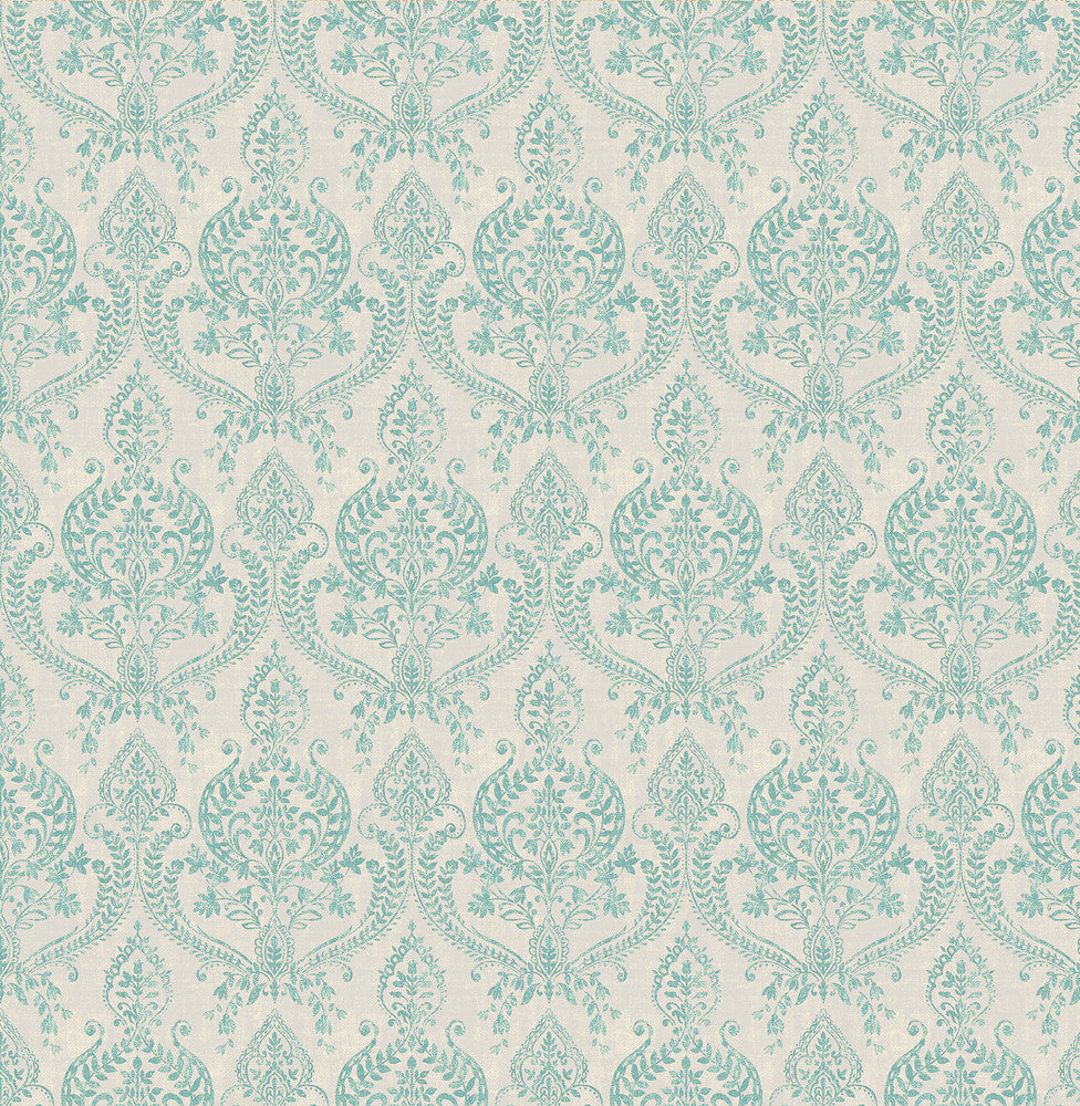 Waverly Turquoise Petite Damask Wallpaper by A-Street Prints Designer Kismet Covers about 56.4 square feet 20.5-in by 33-ft long roll Unpasted 10.5 - Swanky Fabrics -