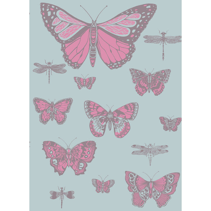 Butterflies & Dragonflies Pink On Blue by Cole & Son Designer Wallcovering COLE & SON WHIMSICAL PAPER - 100% United Kingdom Horizontal: and Vertical: 28.3 20.5 - Swanky Fabrics -