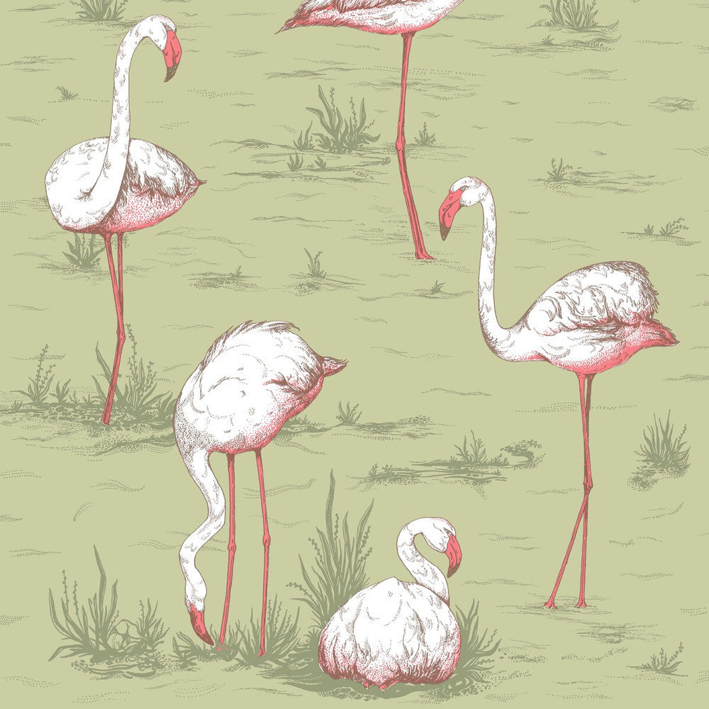 Flamingos Olive by Cole & Son Designer Wallcovering COLE & SON ICONS PAPER - 100% United Kingdom Horizontal: and Vertical: 27.5 21 - Swanky Fabrics -
