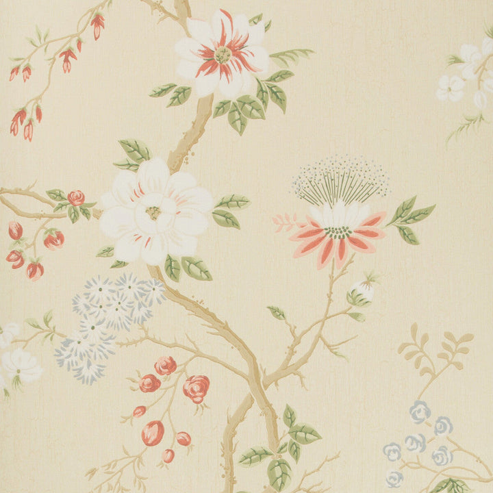 Camellia Coral/Sage/Butterc by Cole & Son Designer Wallcovering COLE & SON BOTANICAL BOTANICA PAPER - 100% United Kingdom Horizontal: and Vertical: 24 20.5 - Swanky Fabrics -